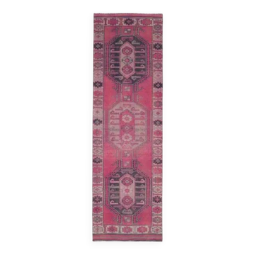 Vintage Turkish Hand-Knotted Wool Cotton Pink Runner Rug 104x351