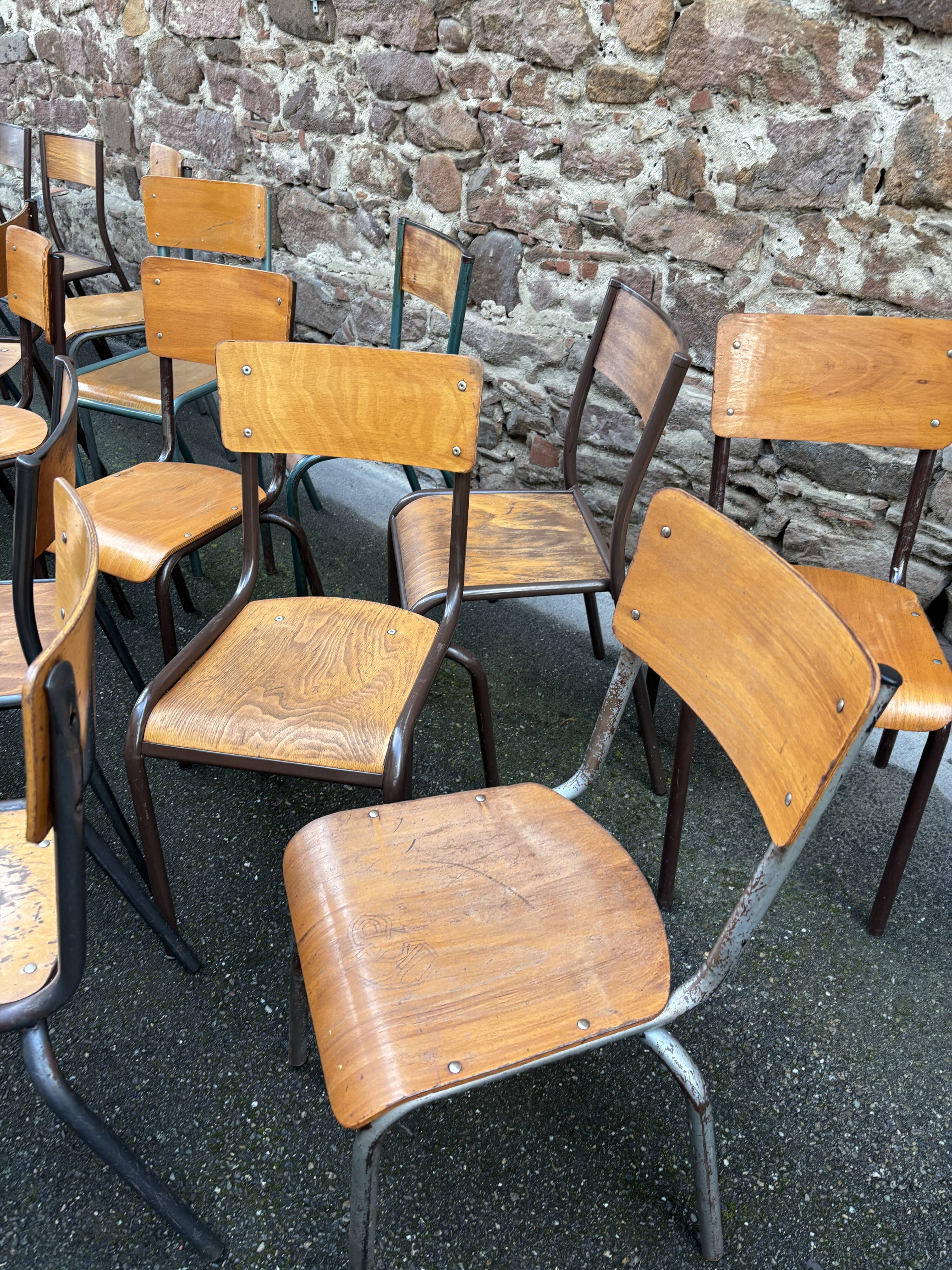 30 mismatched vintage industrial school chairs MULLCA tube & wood
