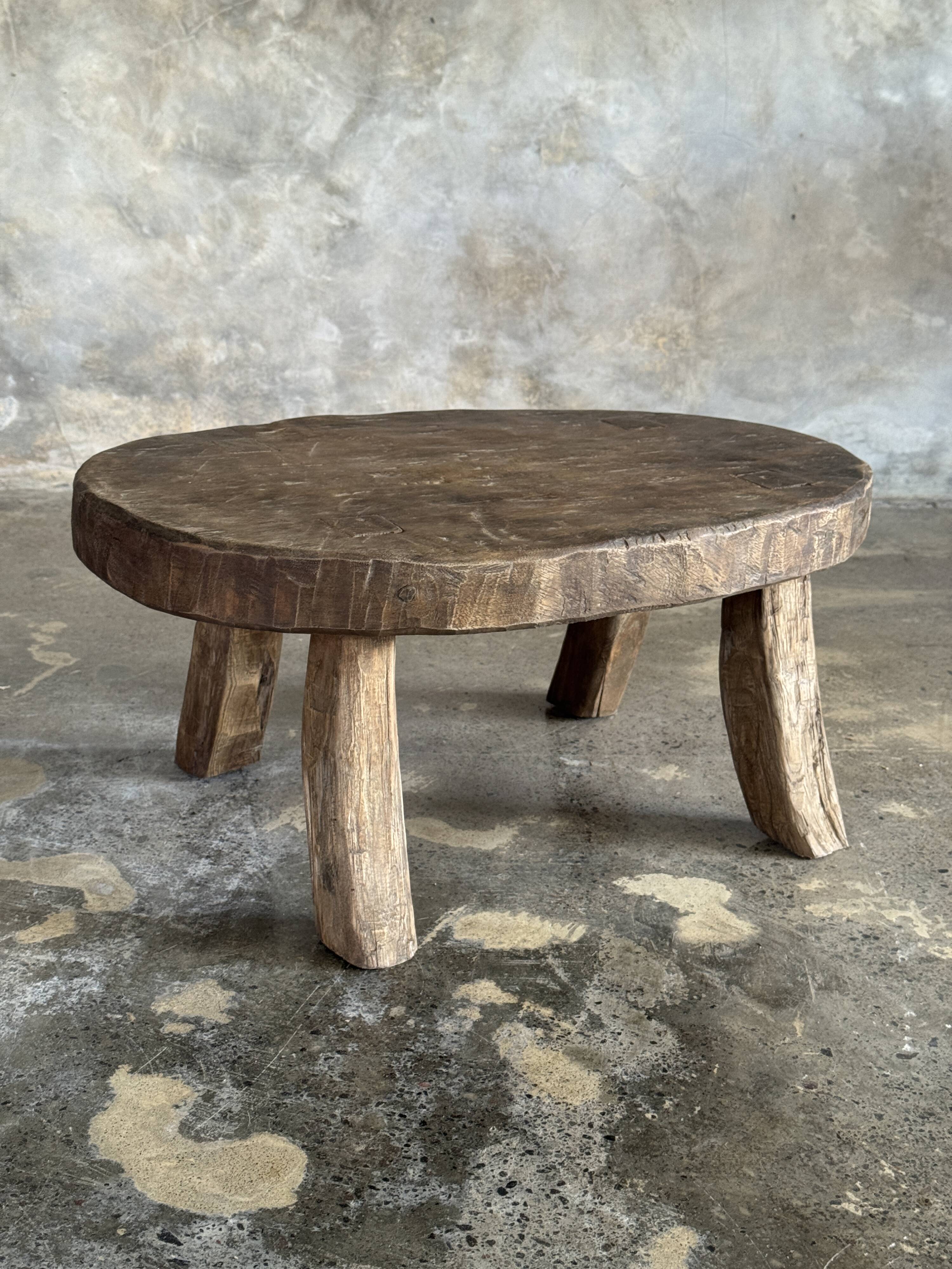 Small stool or small oval side table in solid teak wabi-sabi H24 53