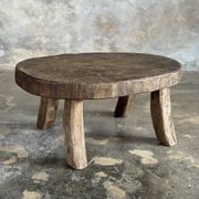 Small stool or small oval side table in solid teak wabi-sabi H24 53