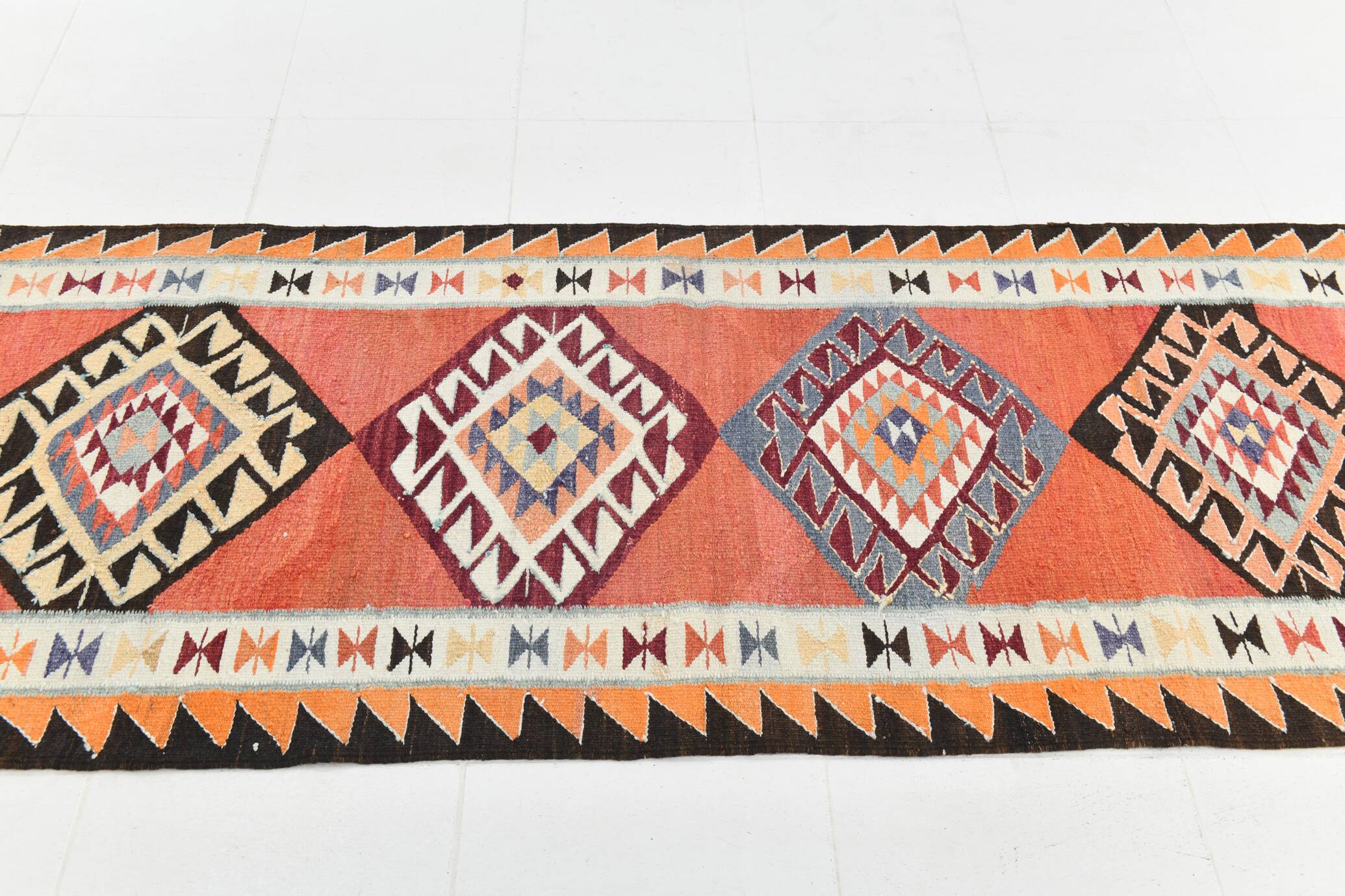 3x10 Turkish Orange & Burgundy Kilim Runner Rug, 92x302Cm