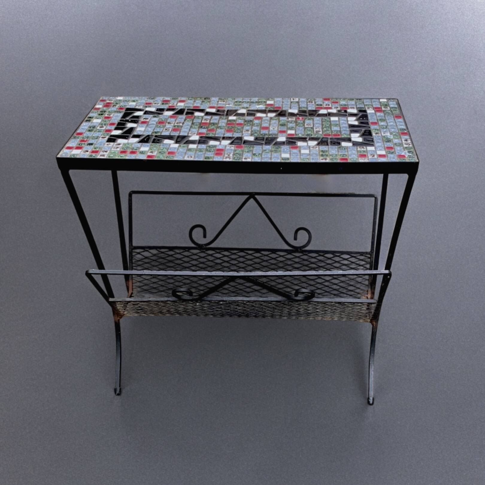 Vintage side table and magazine rack in wrought iron and ceramic tiles
