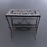 Vintage side table and magazine rack in wrought iron and ceramic tiles