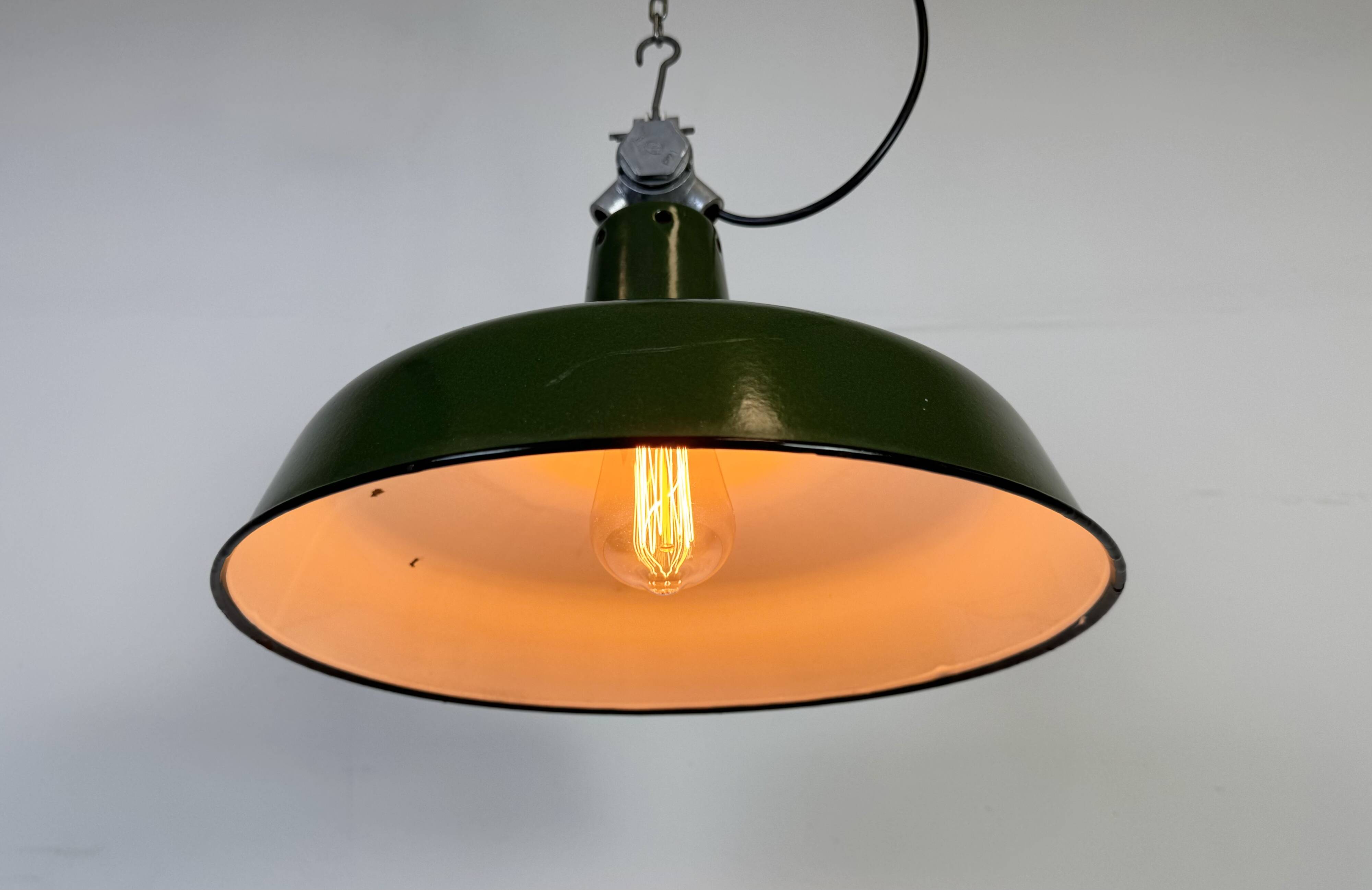 Industrial French Green Enamel Factory Pendant Lamp, 1960s