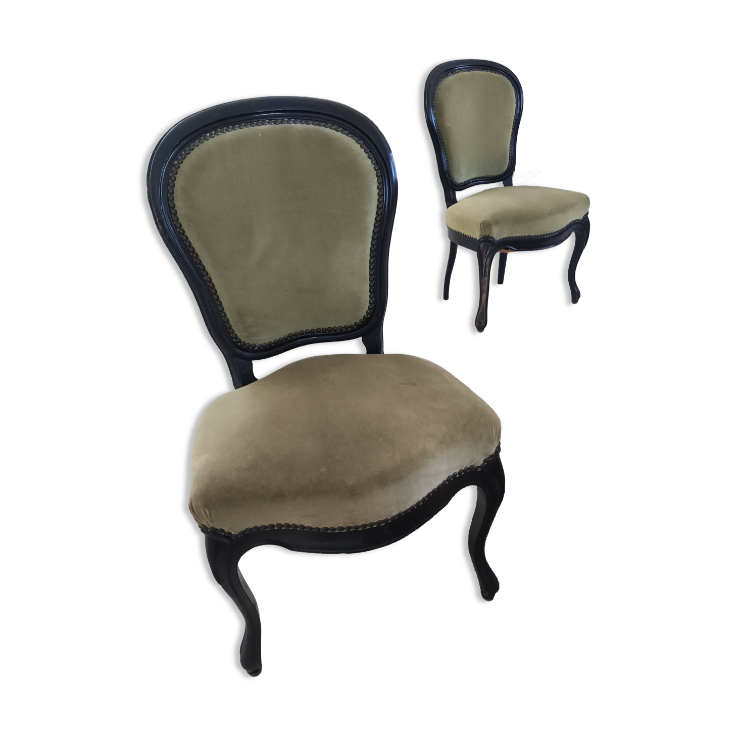 Set of 2 vintage Louis XV style chairs – Green velvet & black wood