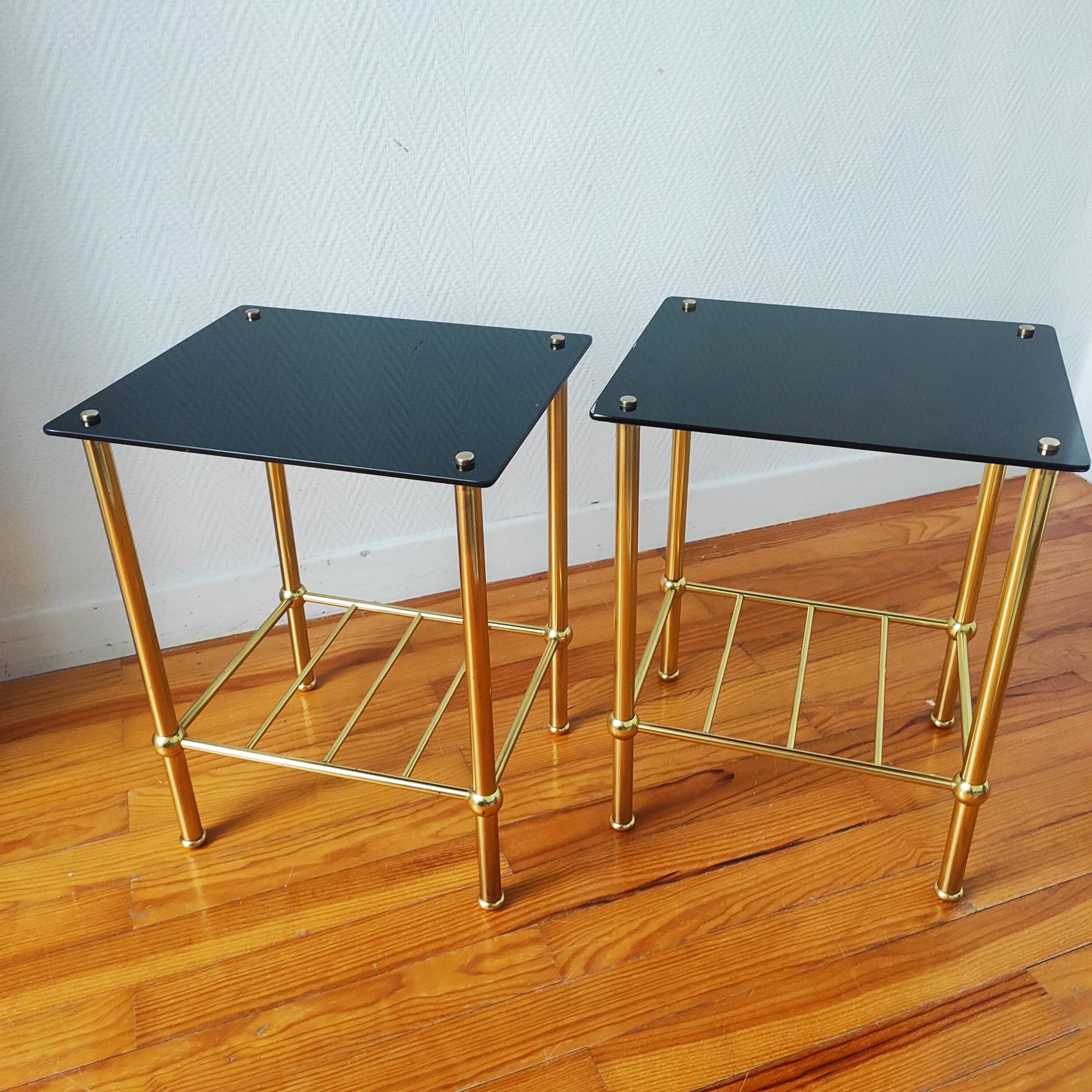 Pair of vintage 70s glass and brass sofa ends