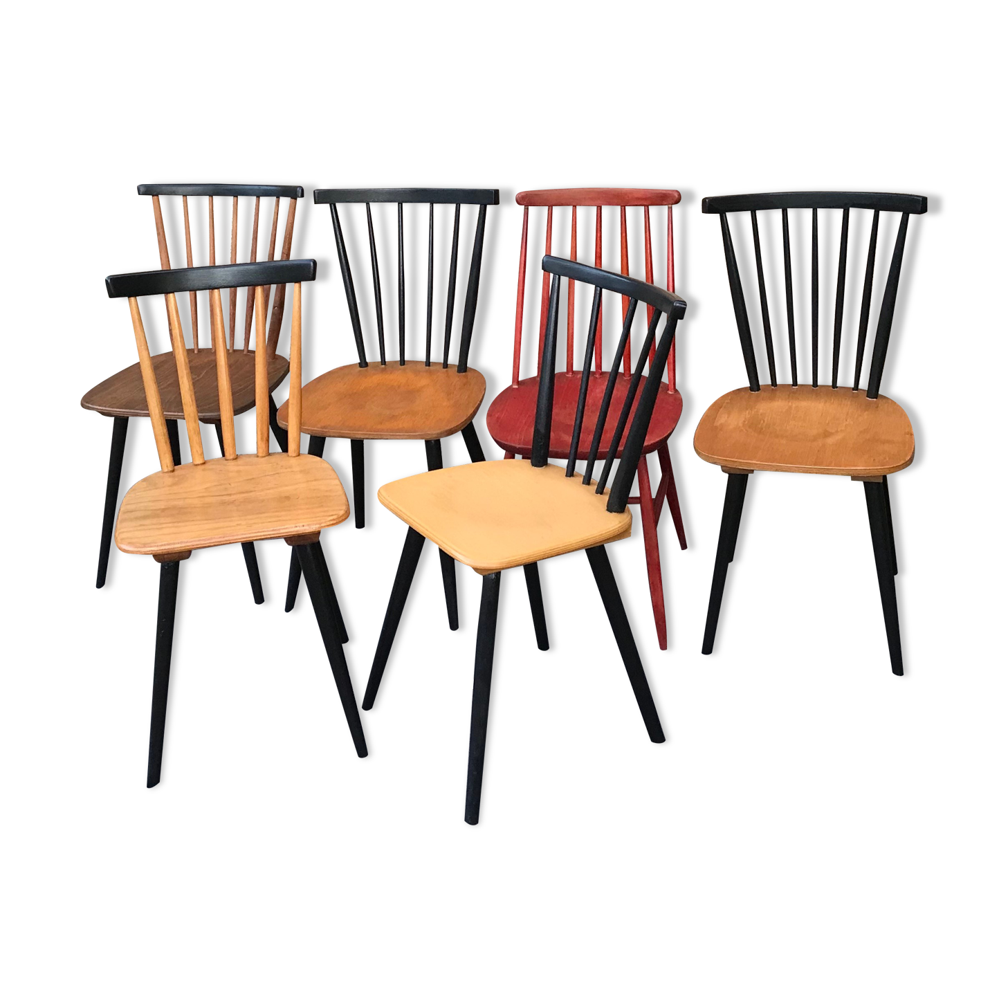 Set of 6 mismatched vintage chairs with bars and compass legs