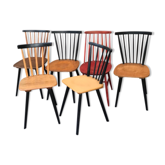 Set of 6 mismatched vintage chairs with bars and compass legs