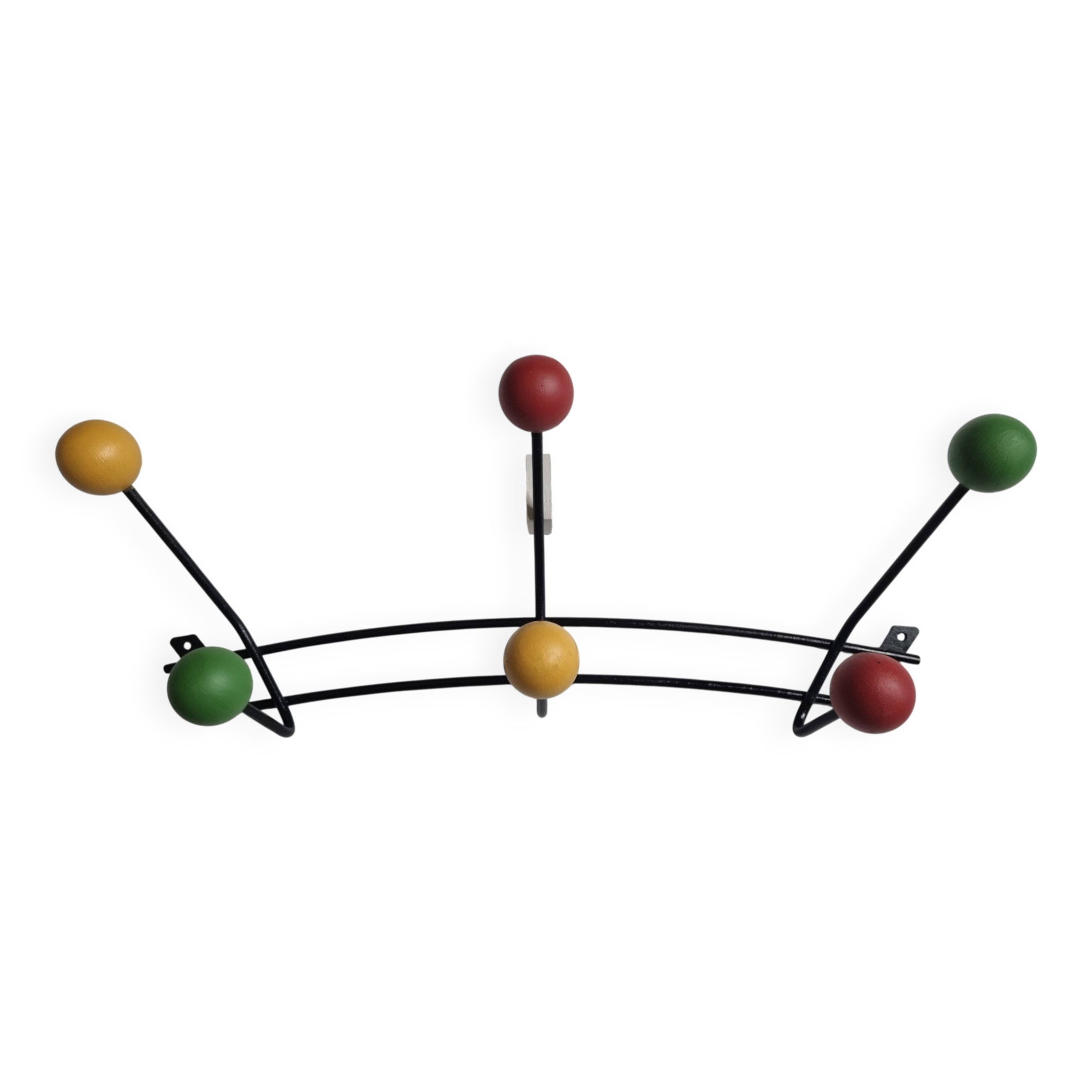 Vintage wall coat rack in black metal and wood, Roger Féraud style from the 1960s.