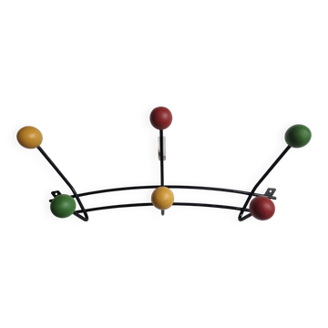 Vintage wall coat rack in black metal and wood, Roger Féraud style from the 1960s.