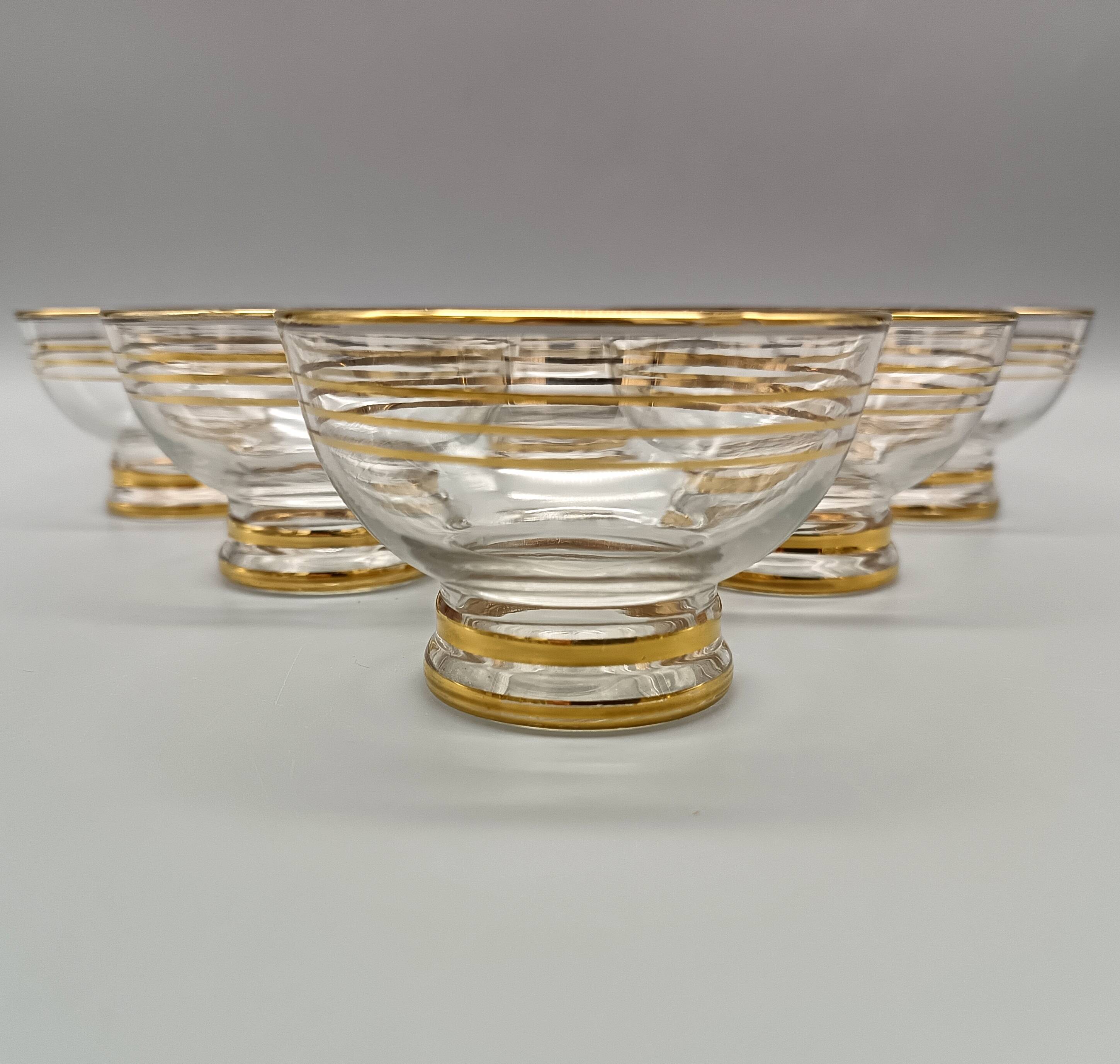 6 champagne coupes, vintage dessert cups from the 50s with gold trim