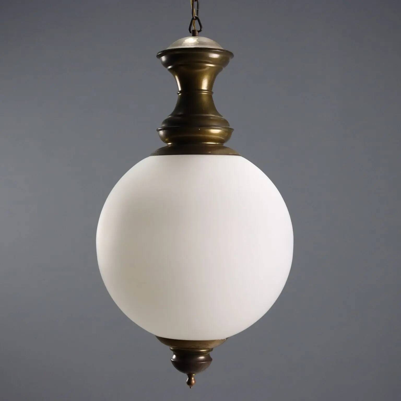 Vintage brass and opaline glass chandelier, Italian design from the 1960s.