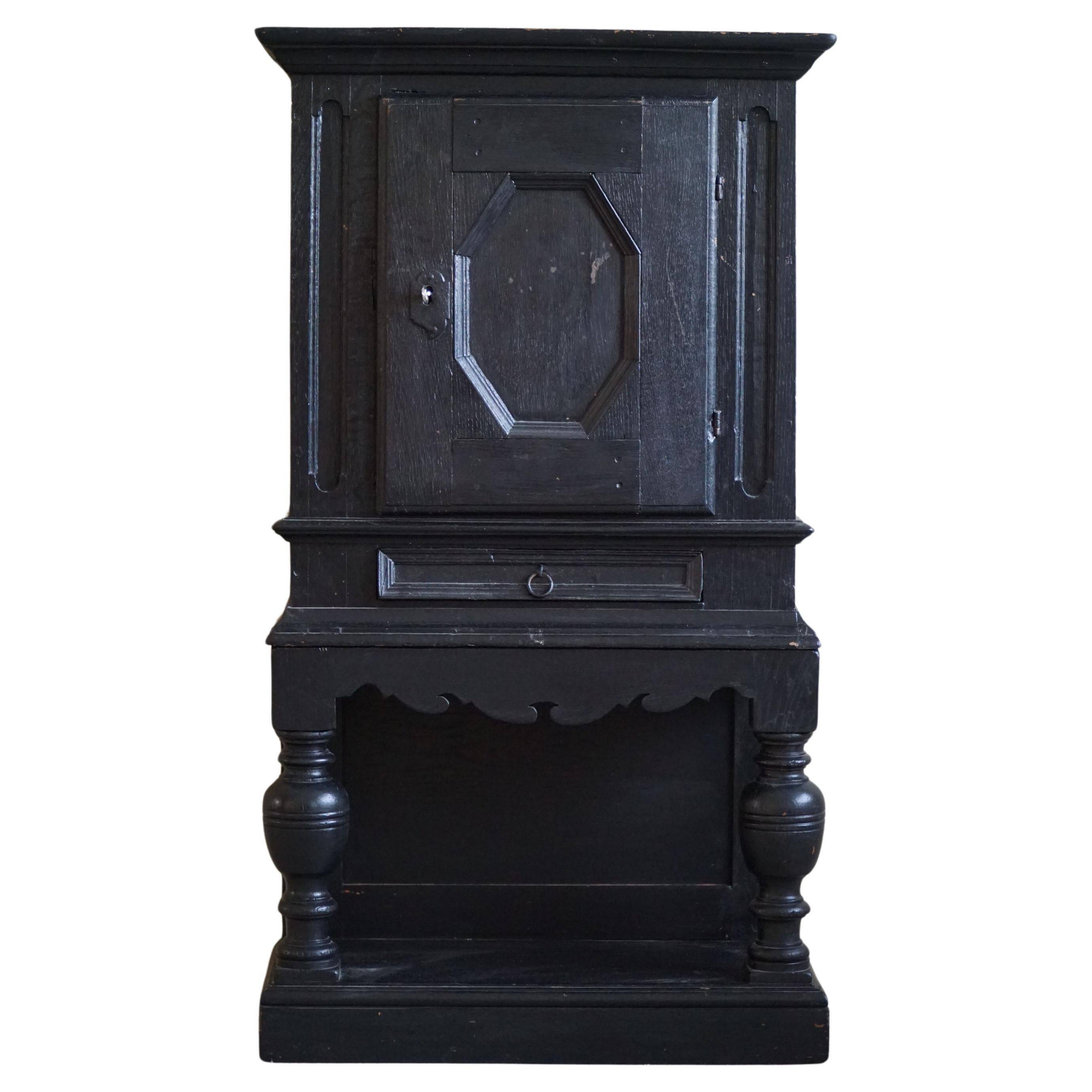 Antique black painted wardrobe from the 18th century by a Danish cabinetmaker, baroque.