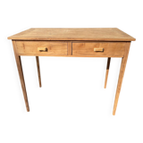 Vintage wooden desk with two drawers.