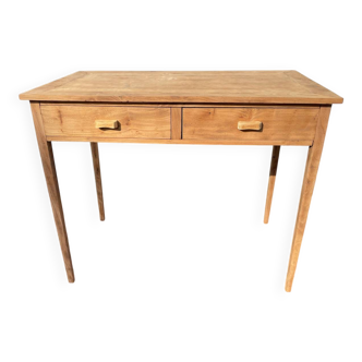 Vintage wooden desk with two drawers.