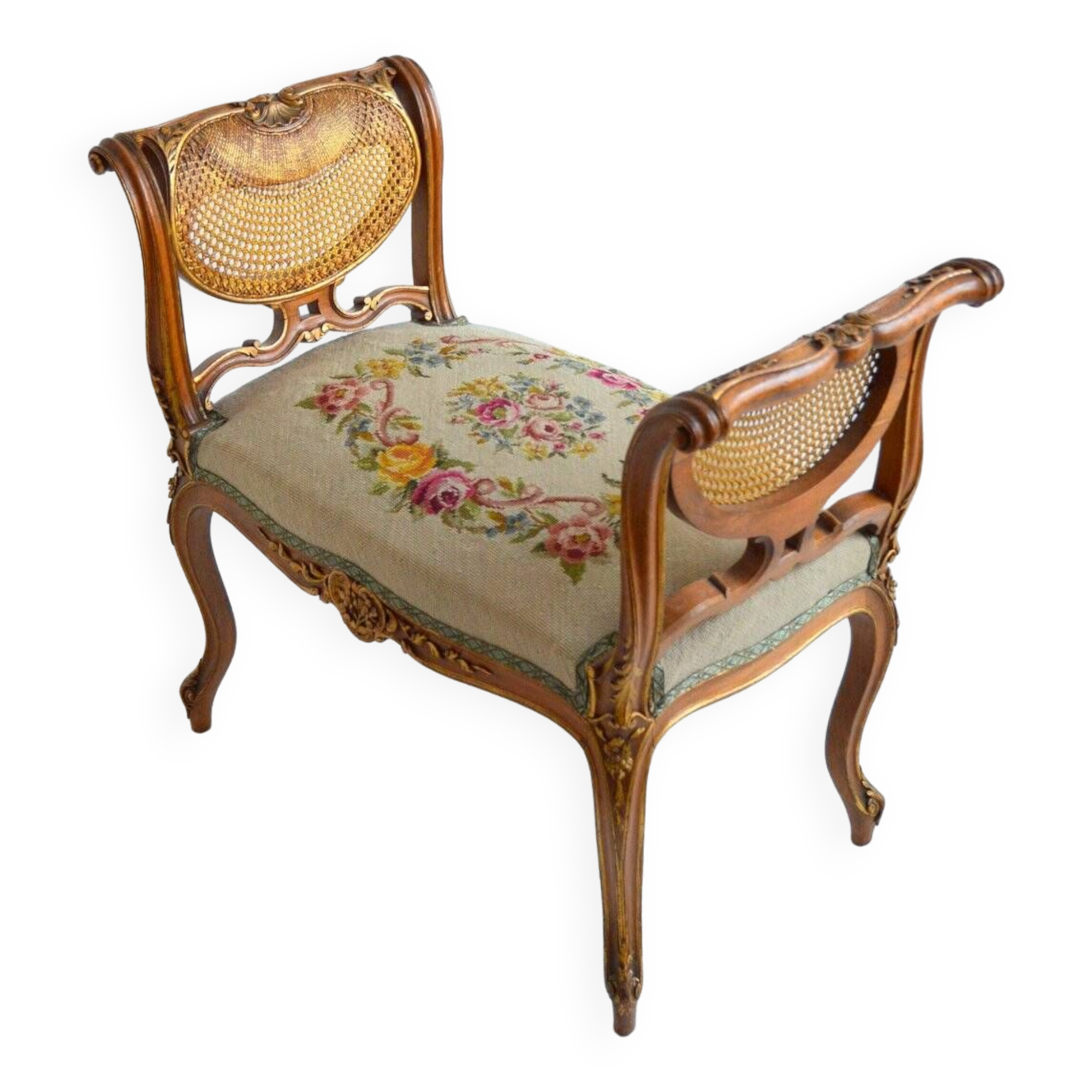 Stool / small bench in canvas, canework and wood late 19th century