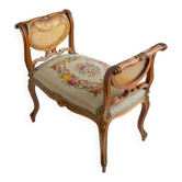 Stool / small bench in canvas, canework and wood late 19th century