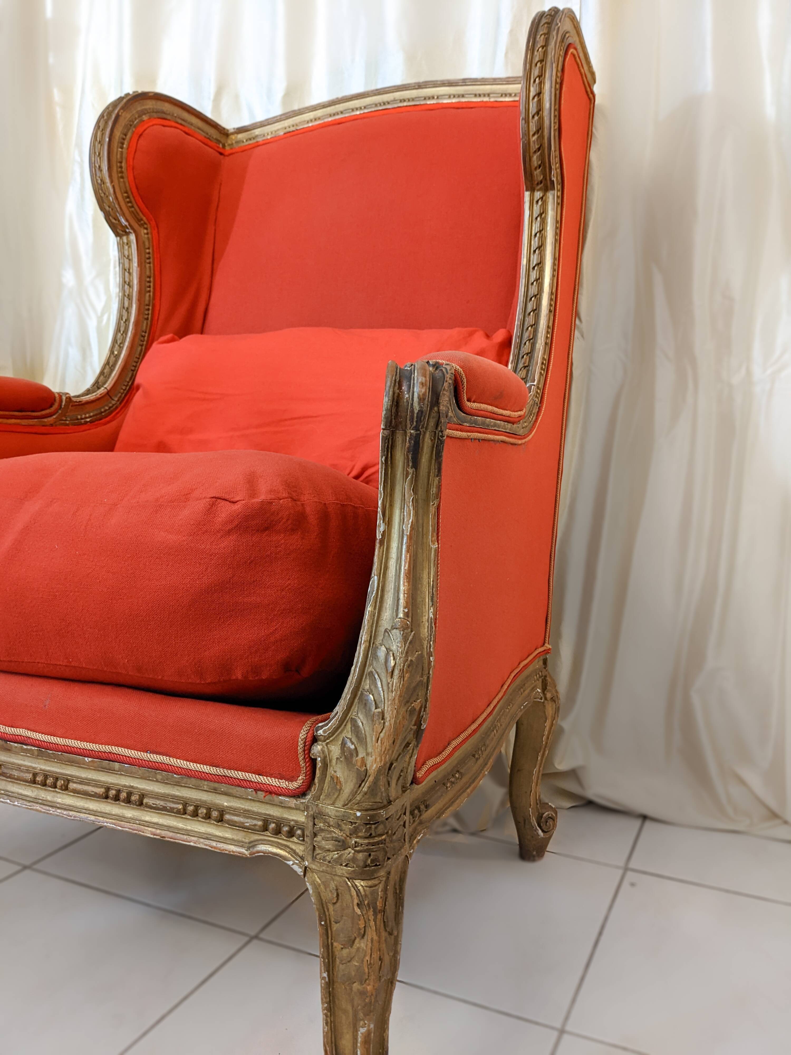 Wingback armchair in carved gilded wood signed Maison Dienst Paris 19th century