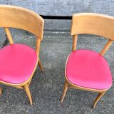 Lot of 4 baumann chairs bistrot parisian barter beech wood and red skaï