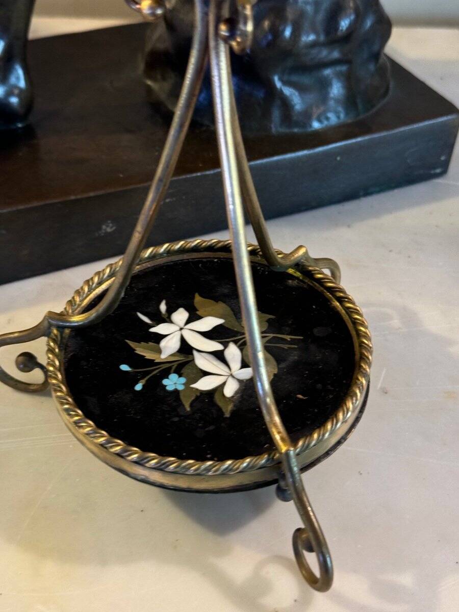 Pair of bronze candlesticks with pietra dura, marble marquetry, circa 1900.