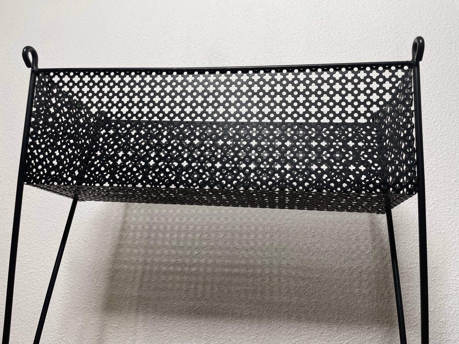 1950s black perforated metal planter in the style of Mathieu MATEGOT