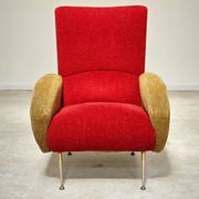 Fauteuil tissu rouge et jaune moutarde style bouclette 1970