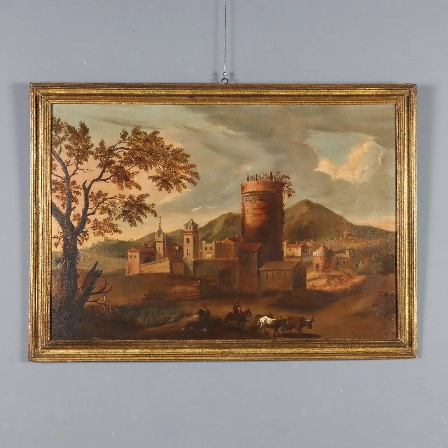 Old painting of a landscape with a village, oil on canvas from the 1700s.