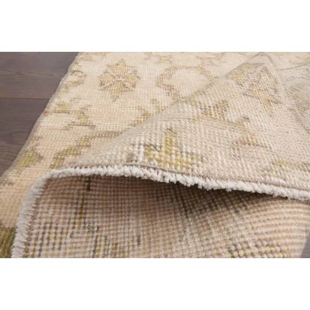 1970s vintage Turkish hand-knotted wool cotton beige runner rug 62x261