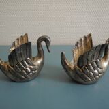 pair of vintage silver metal swan candlesticks