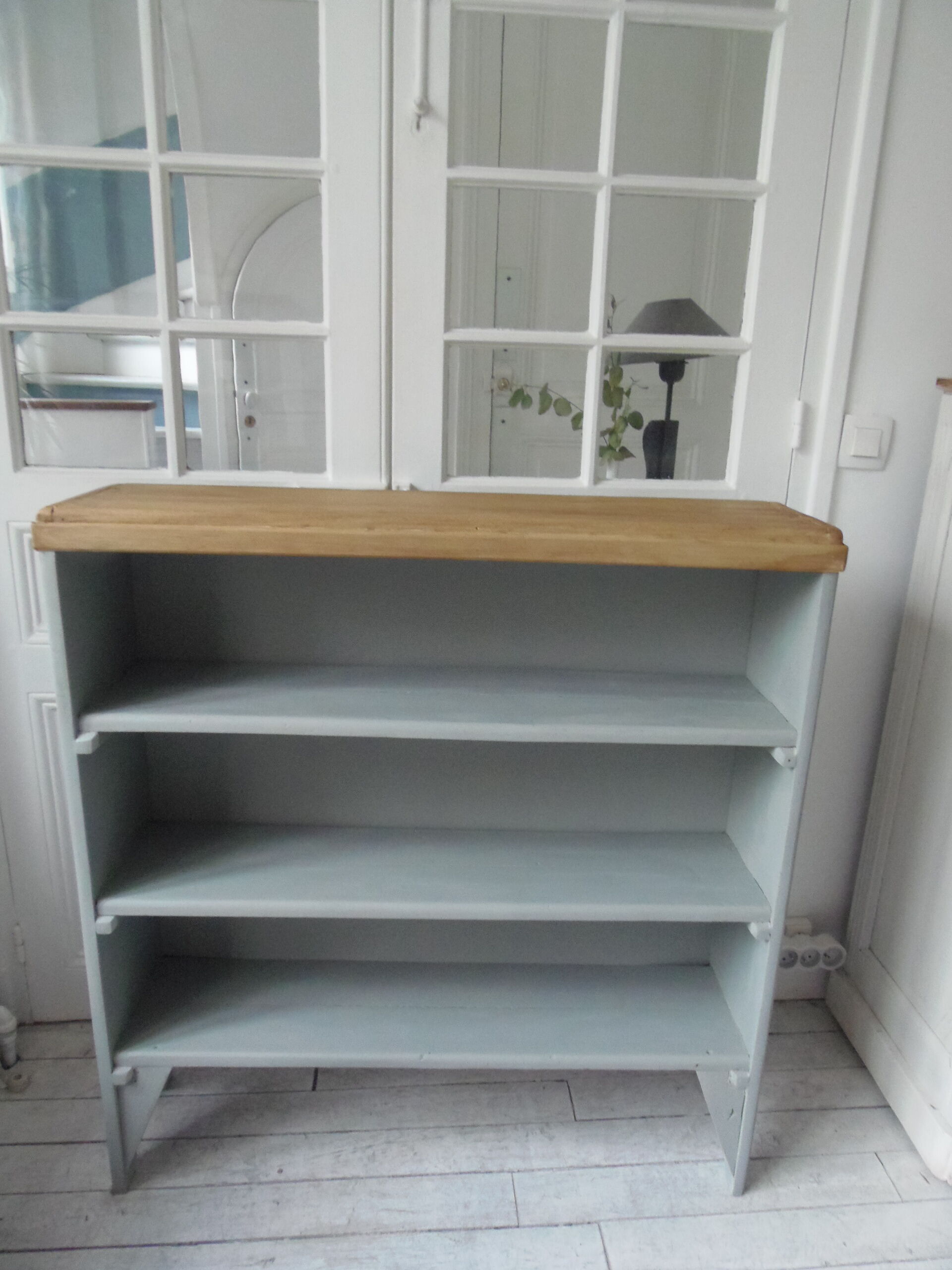 Vintage bookcase green of gray wooden top