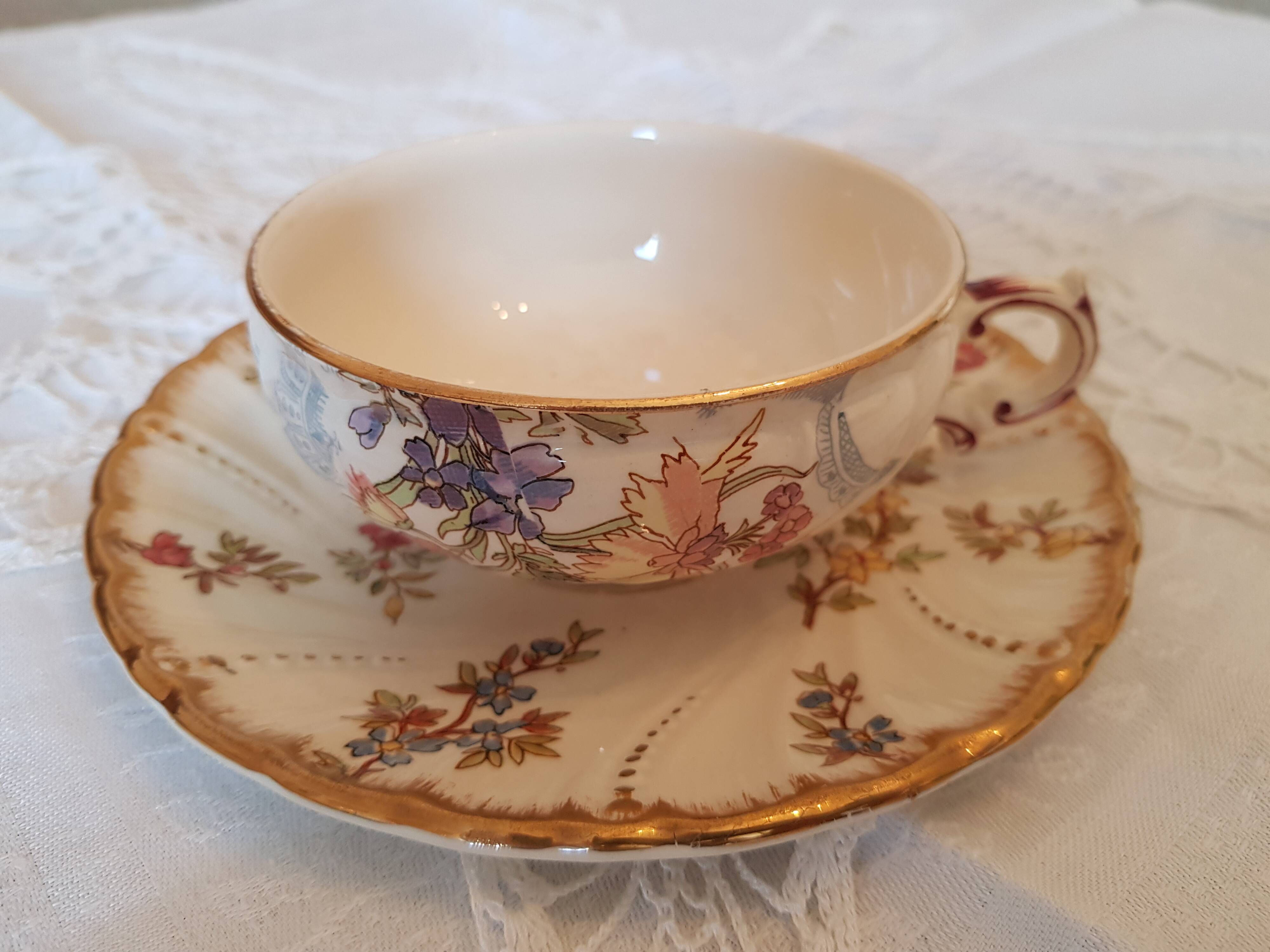 Rare 19th century cup and saucer, Sarreguemines earthenware, Louis XV model
