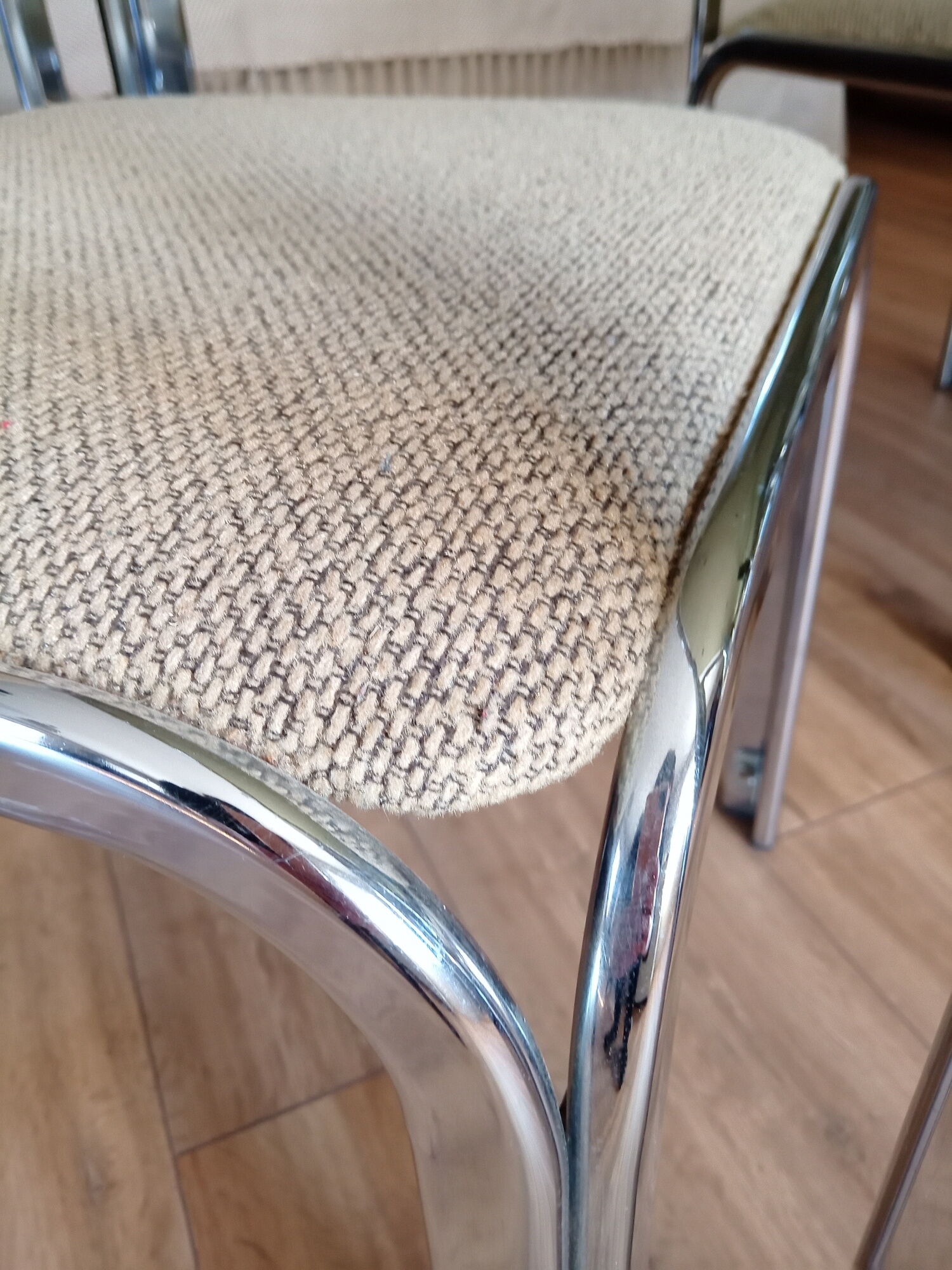 Table and 4 70s chairs chrome base and smoked glass tray chairs green water fabric