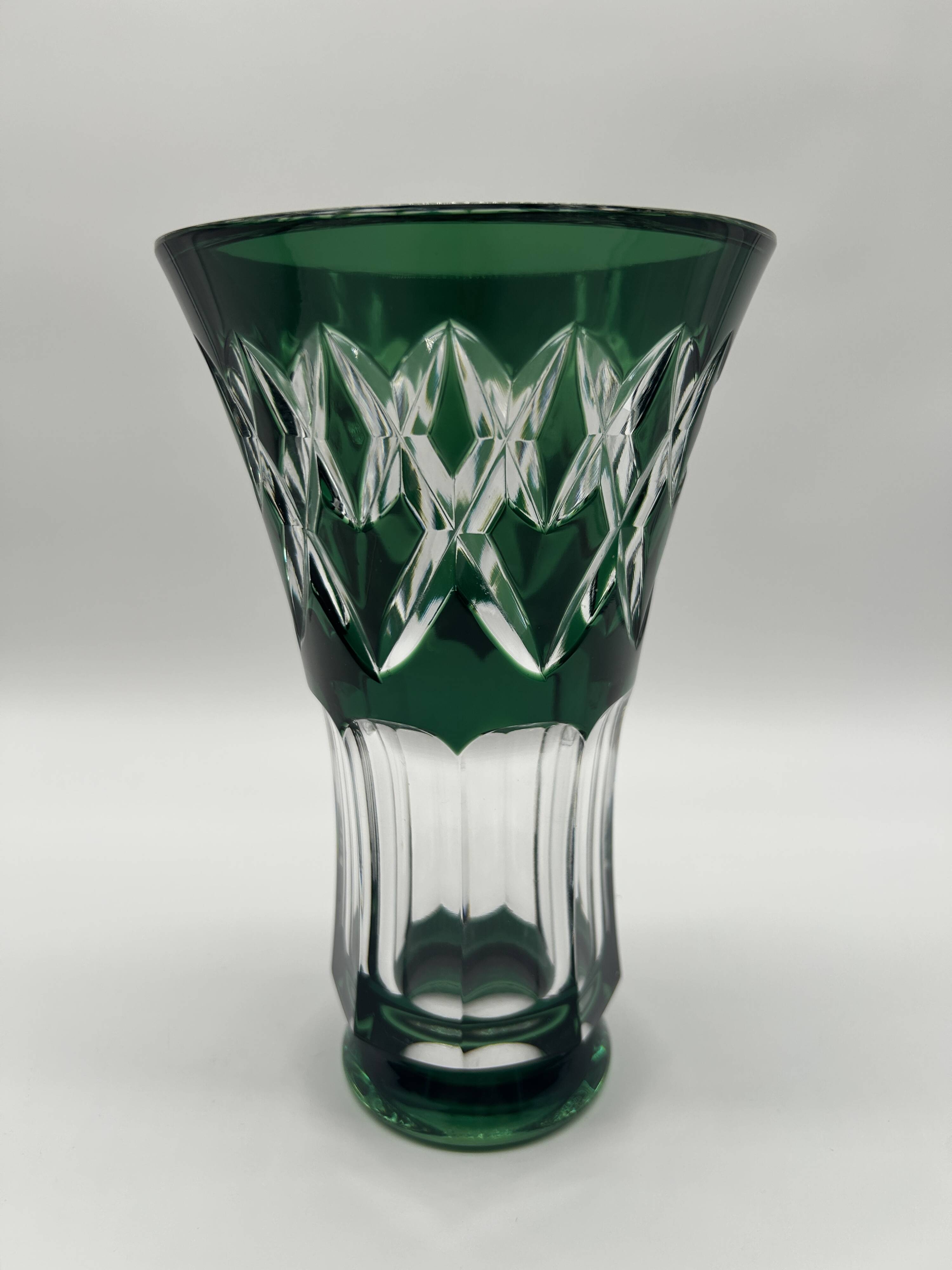 Cut and lined green crystal vase from Val Saint-Lambert