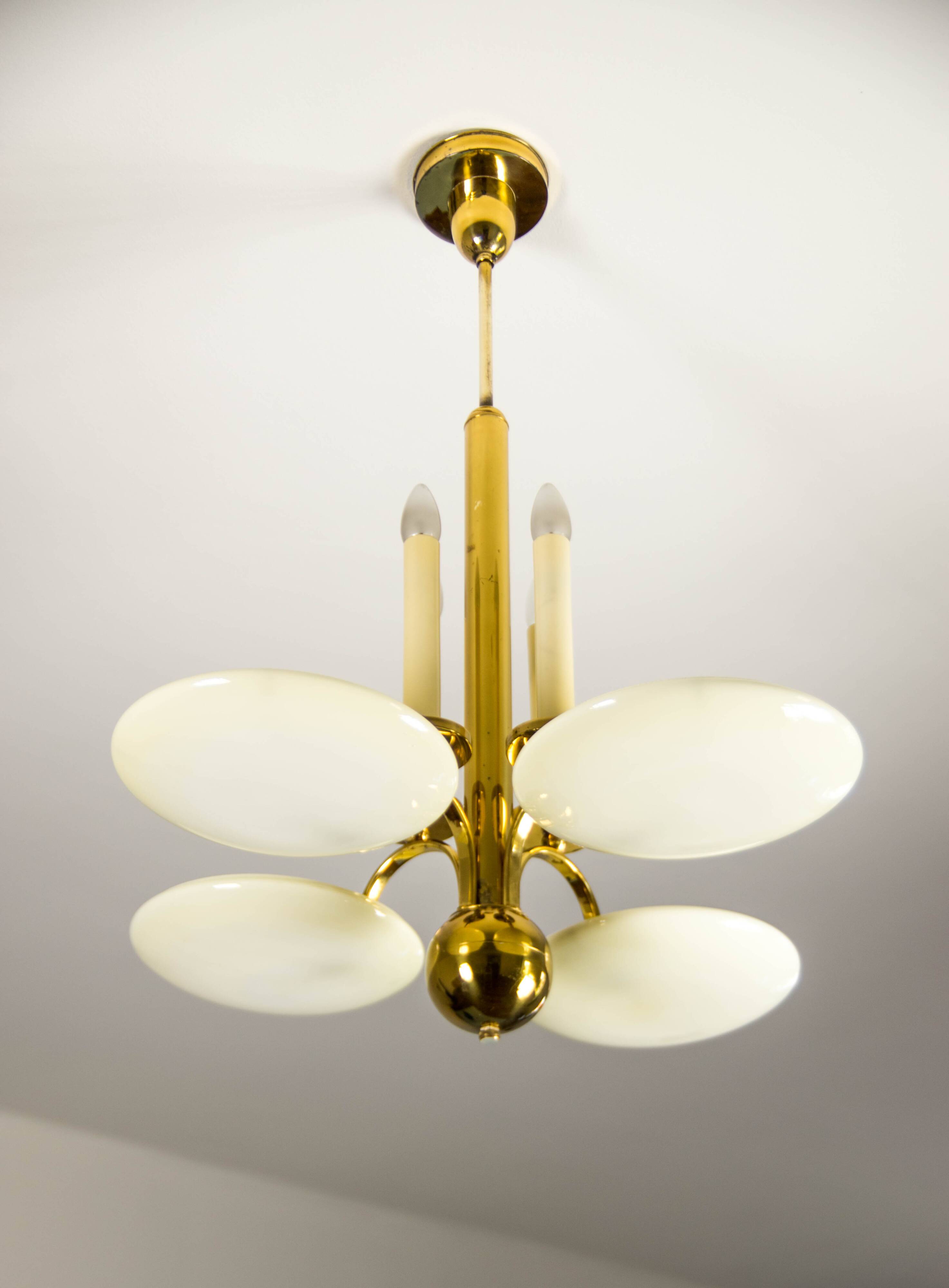 Art Deco Brass and Glass Chandelier, 1930s