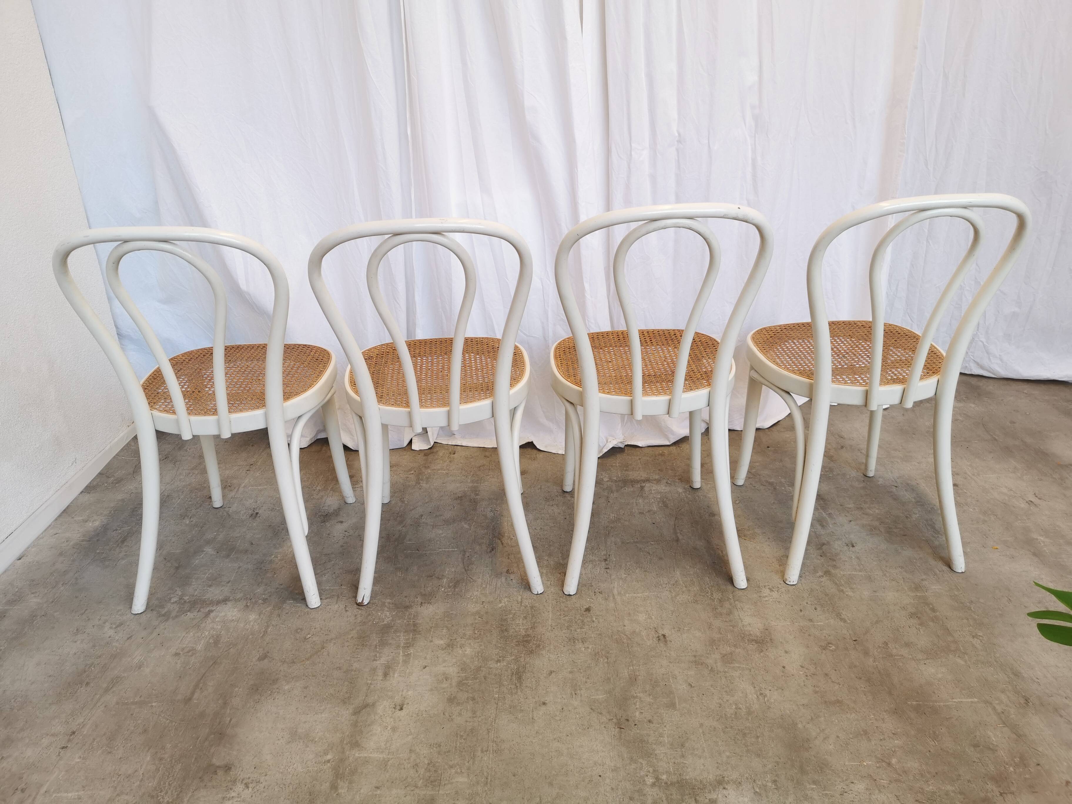 Set of 4 Vintage Thonet Style Dining Chairs: White Wood & Cane