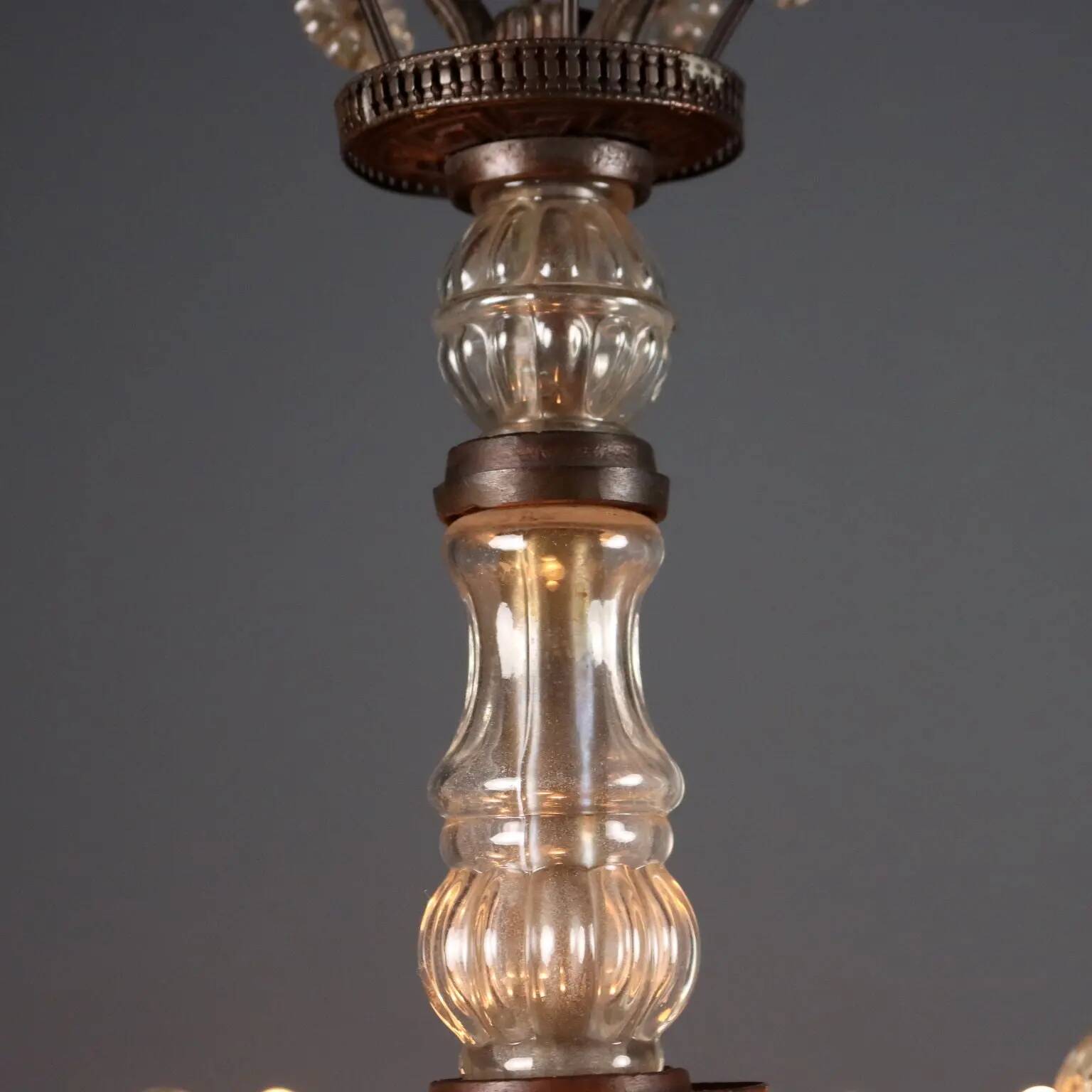 Antique metal and glass chandelier with 5 lights, Italy, 19th century.