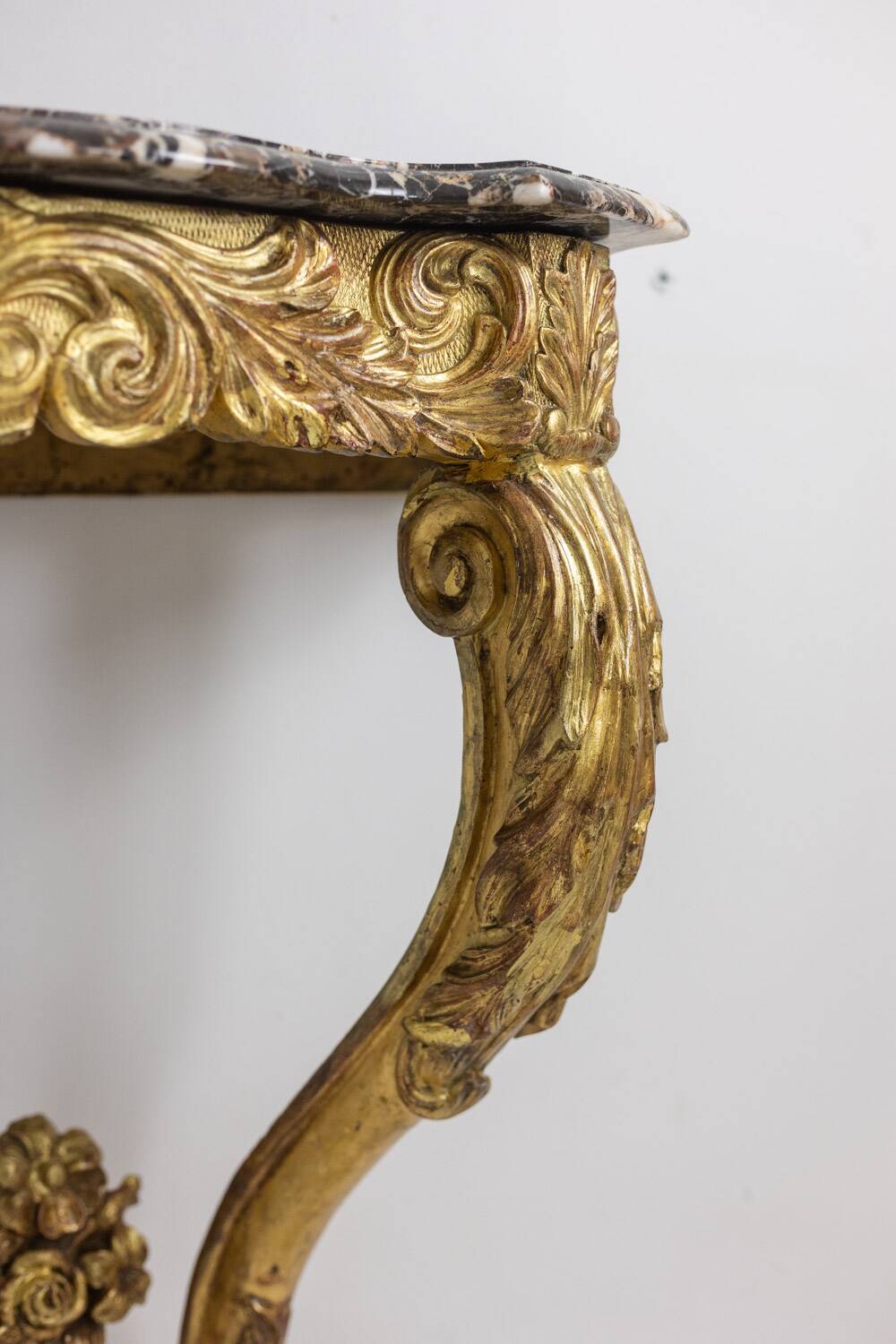 Louis XV period carved and gilded wooden console. Circa 1880.