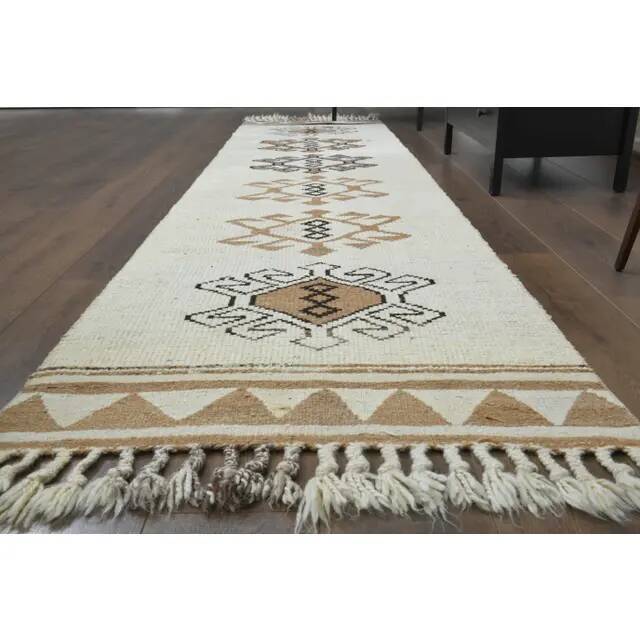1970s Vintage Turkish Hand-Knotted Wool Cotton Beige Runner Rug 87x366