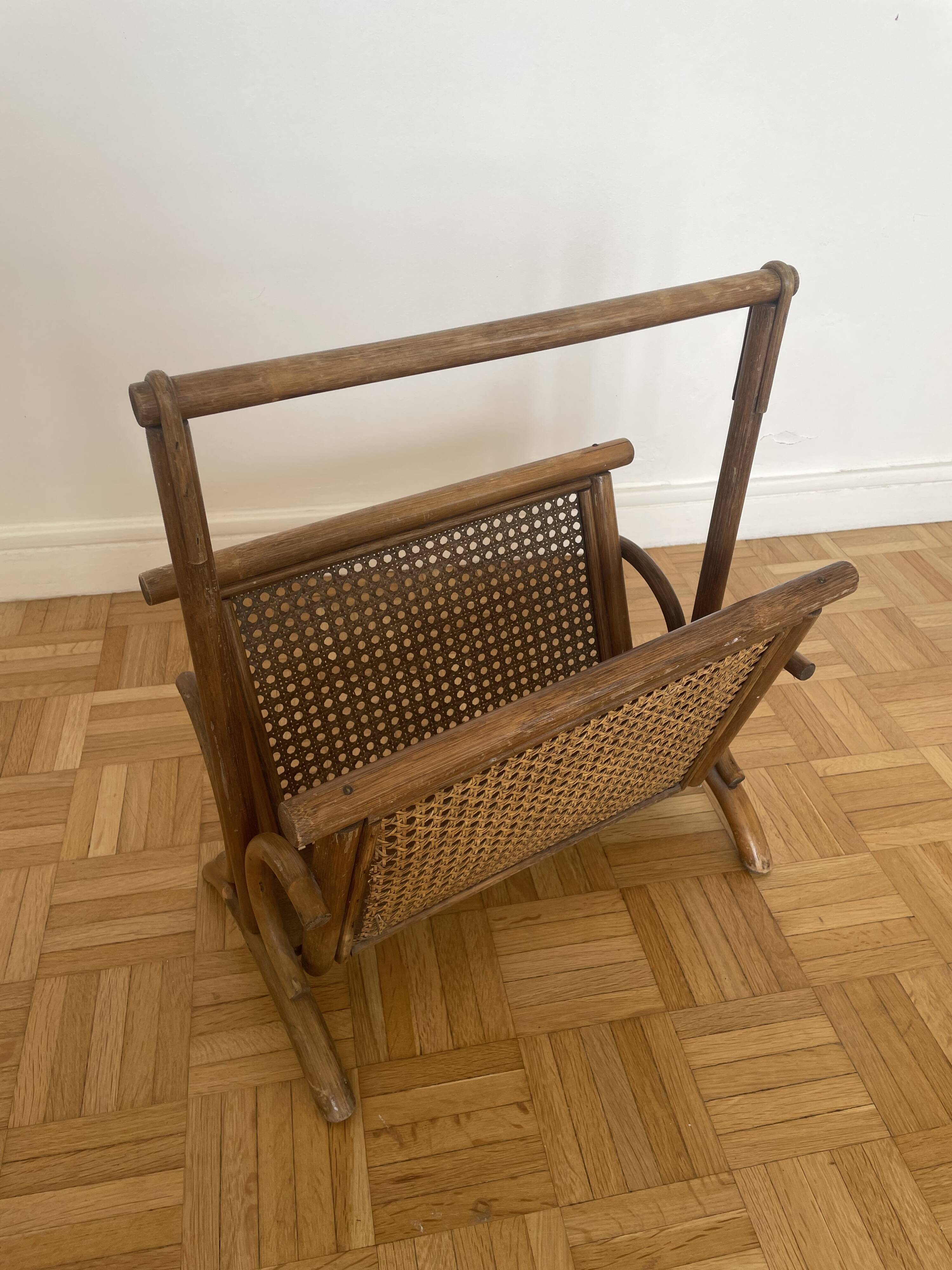 Brown rattan and cane magazine rack