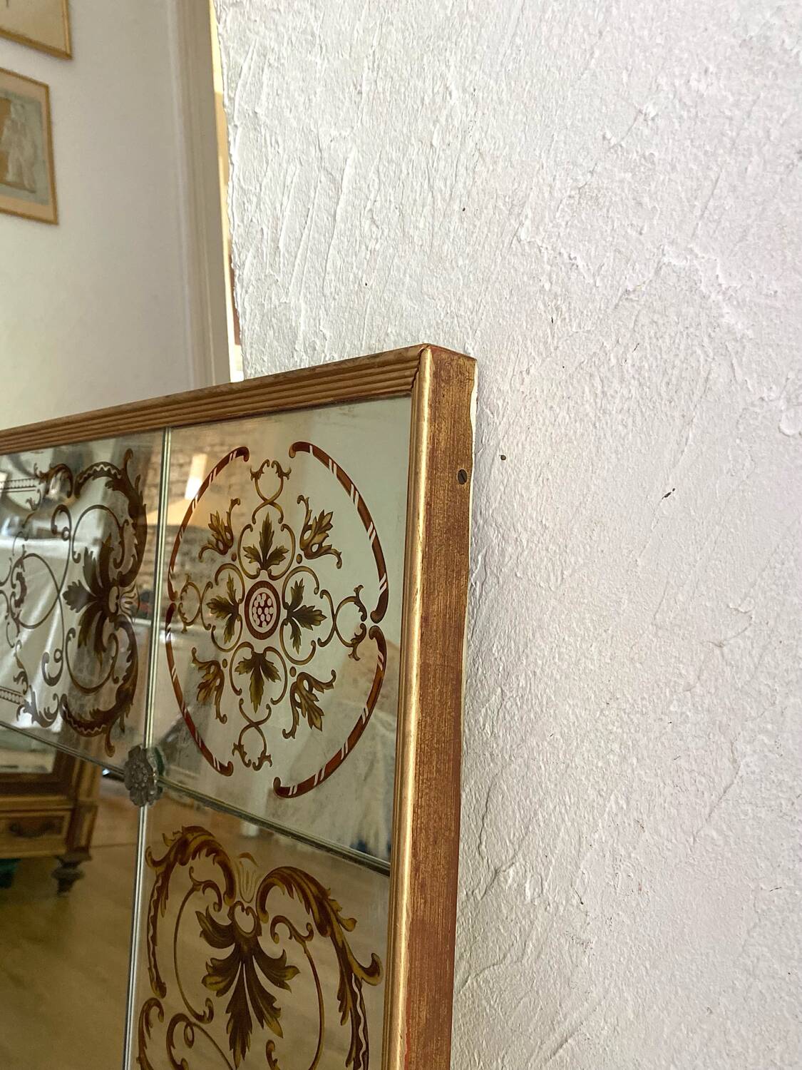 Antique bistro/brasserie mirror in reverse-painted glass, 202 x 102 cm