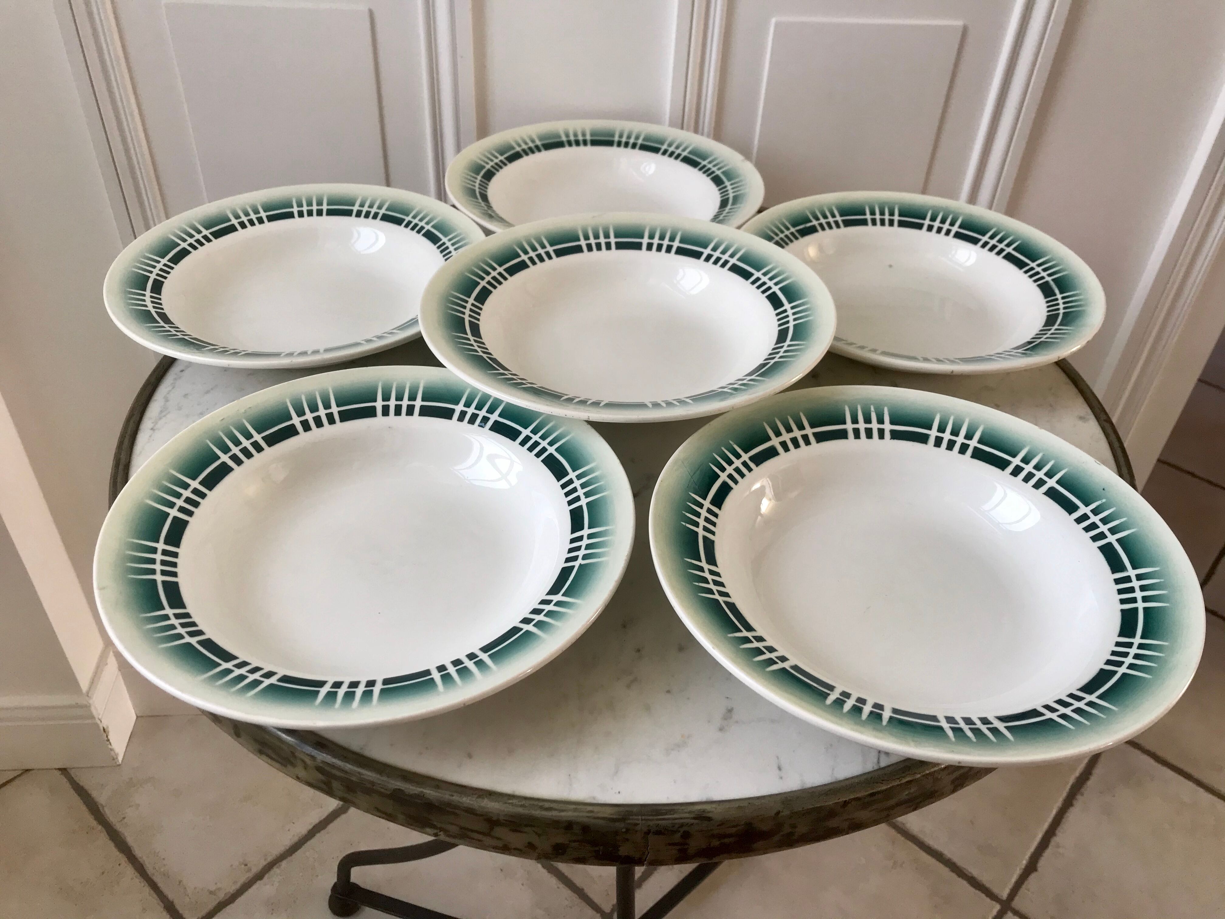 Set of 6 green hollow plates Digoin Sarreguemines 30s