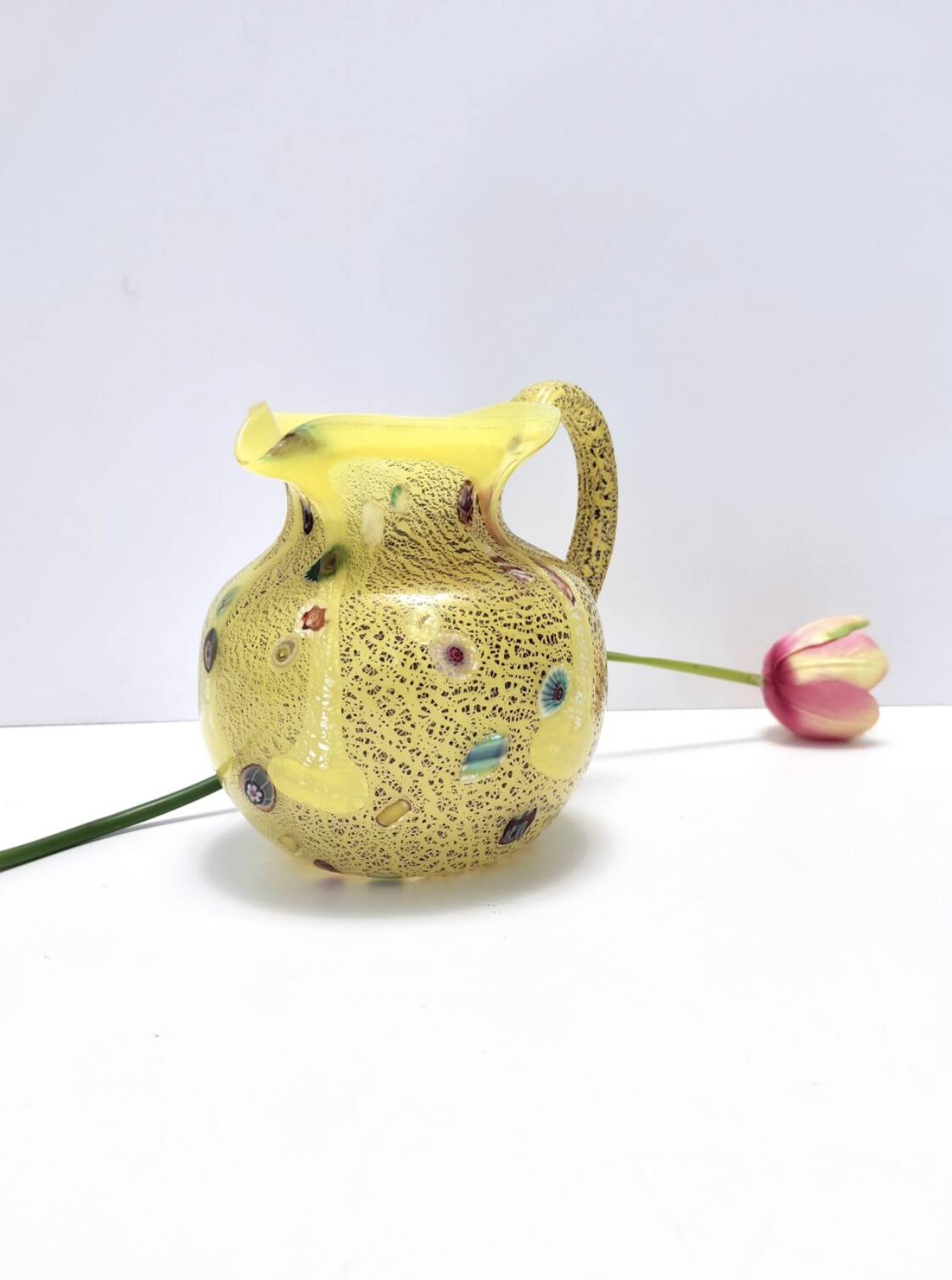 Postmodern Yellow Opaline Hand Blown Glass Jug with Murrines and Silver Flakes