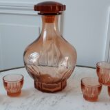 Set decanter and 5 liqueur glasses in pink art deco glass