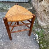 Pair tripod stool vintage design wood and straw