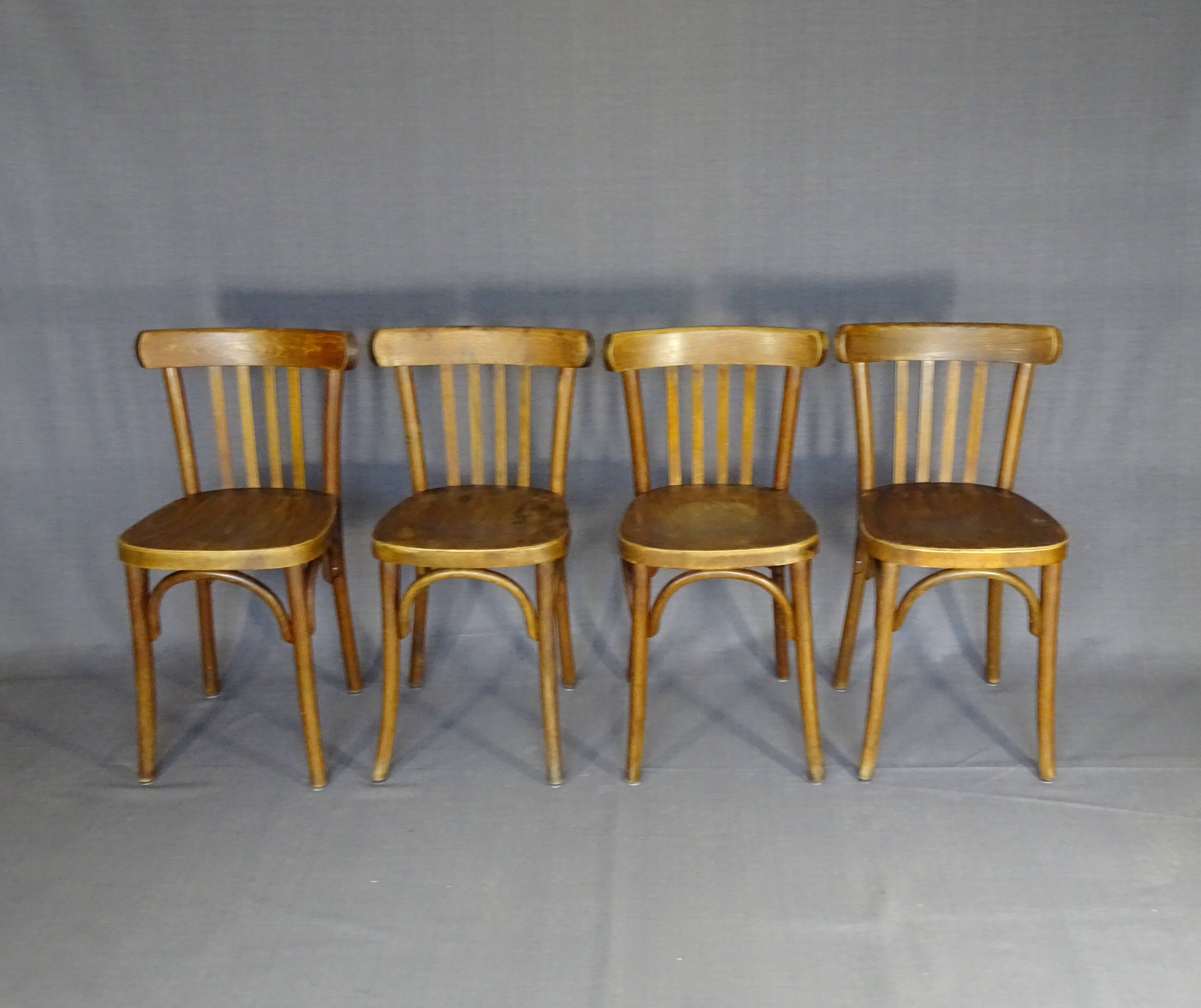 Set of 10 1960s curved wood bistro chairs ready for service