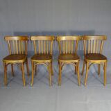 Set of 10 1960s curved wood bistro chairs ready for service