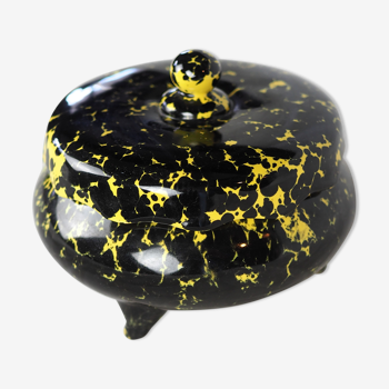 Boite tripode en céramique jaune et noire moucheté - Pierre Lucas, la Neustricer - années 50 / 60