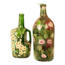 Pair of old green bottles hand-painted décor signed