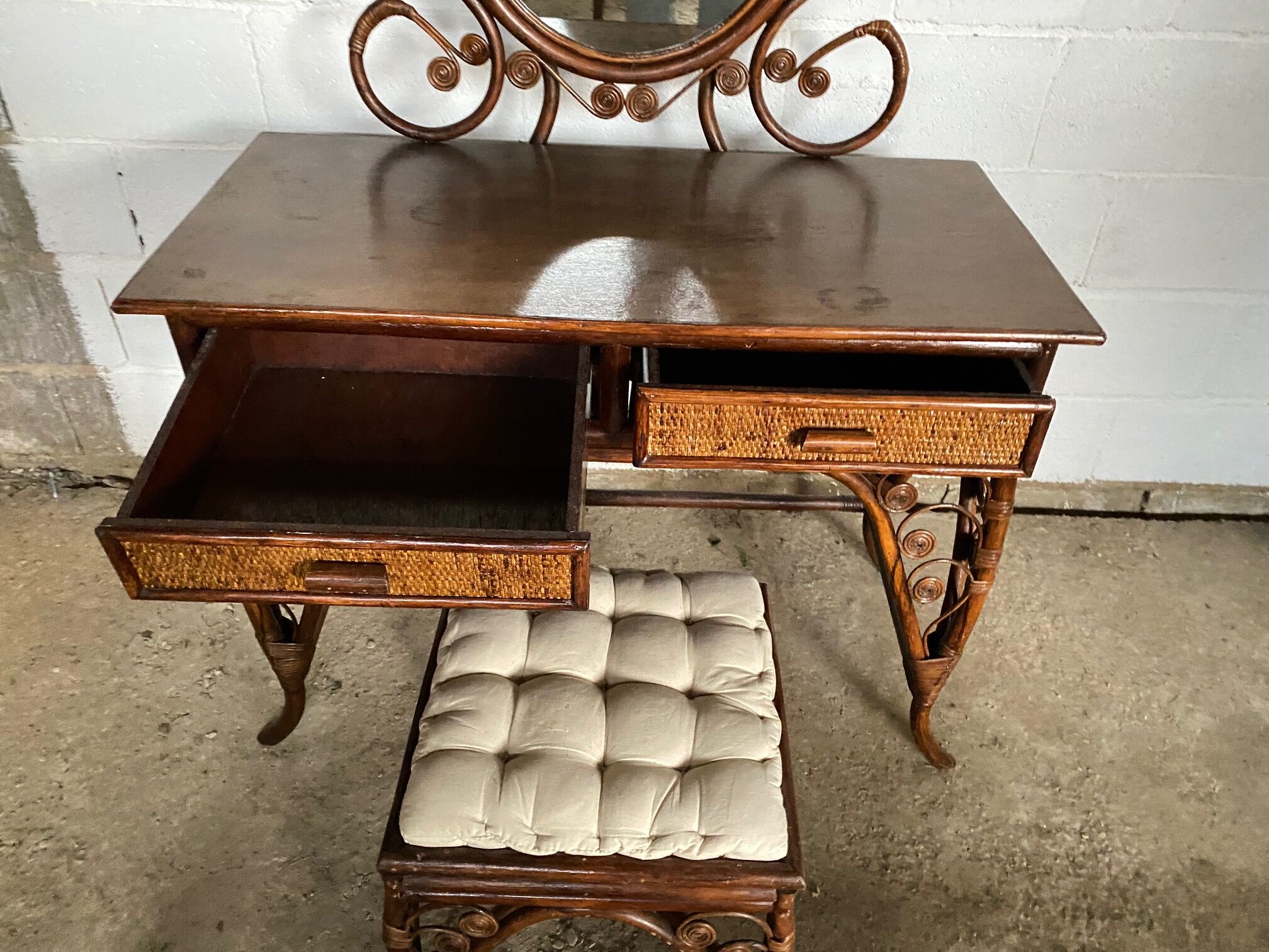 Vintage rattan dressing table with mirror and stool 1970