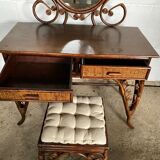 Vintage rattan dressing table with mirror and stool 1970